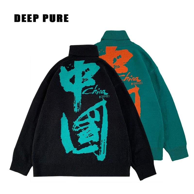 

2020 Men Hip Hop Sweater Pullover Streetwear Graffiti Chinese characters Painting Embroidery Knitted Sweater Vintage Sweaters
