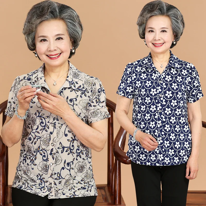 

Summer Large Size Middle-aged WOMEN'S Apparels Grandma Tops Elderly Base Shirt Short-sleeved Shirt Middle-aged Women Dress