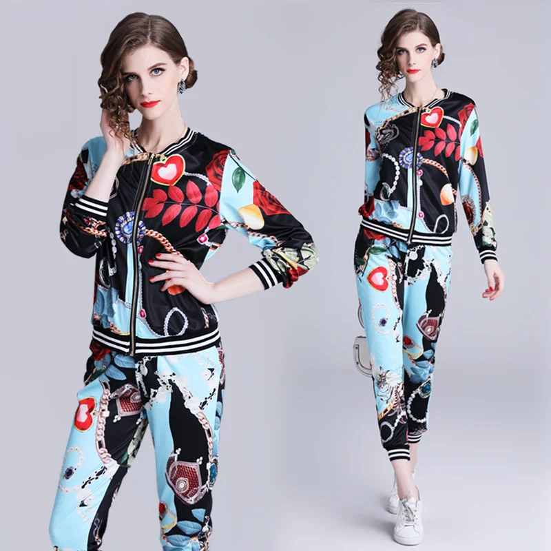 

European Fashion Style Lady Tracksuit Two Piece Set Outfits for Women Multicolour Print Casual Jacket Coat and Pant Suit