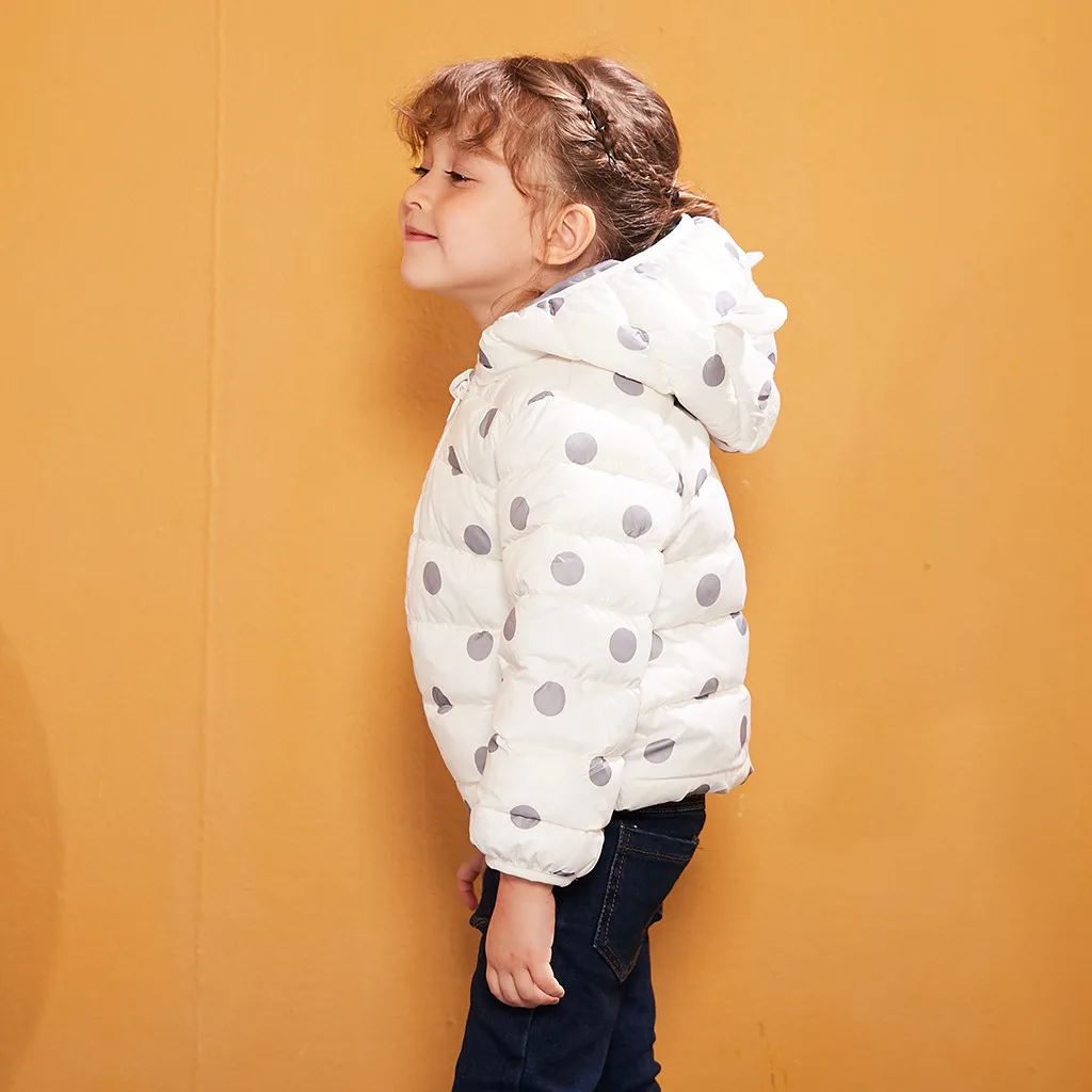 Г. Осенне-зимние детские пуховики с капюшоном для девочек, теплые детские пуховые пальто в горошек для мальчиков, От 2 до 7 лет верхняя одежда