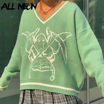 Image of ALLNeon YK Sweaters Fashion Graphic Printing Oversized Green Pullovers E-girl Casual Loosed V-neck Long Sleeve Jumpers Vintage