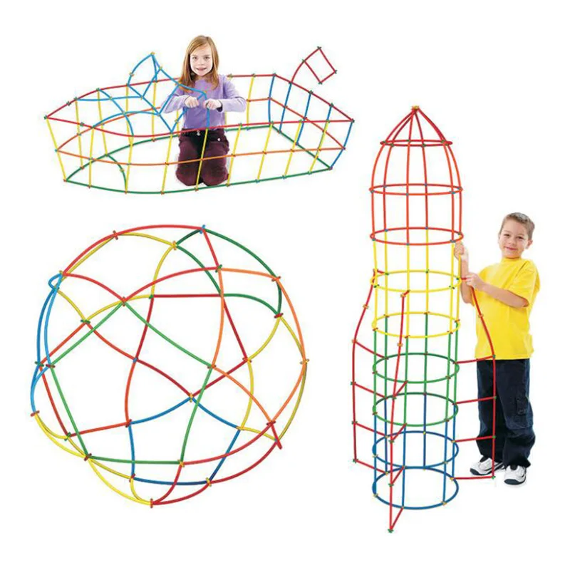 4D DIY Straw Building Blocks Plastic Stitching Inserted Construction Assembled Blocks Bricks Color Early Educational Toys Gift