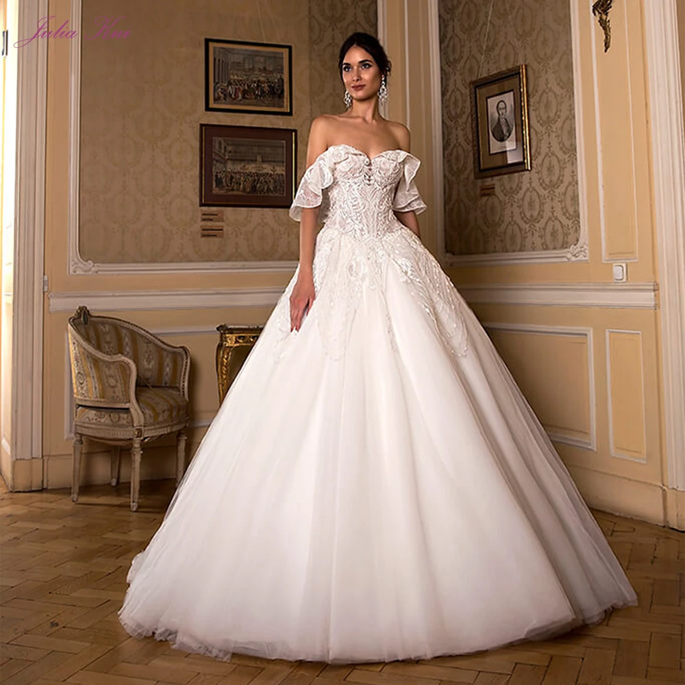 

Julia Kui Gorgeous Off The Shoulder A Line Wedding Dress With Lace Up Chapel Train Bridal Gown