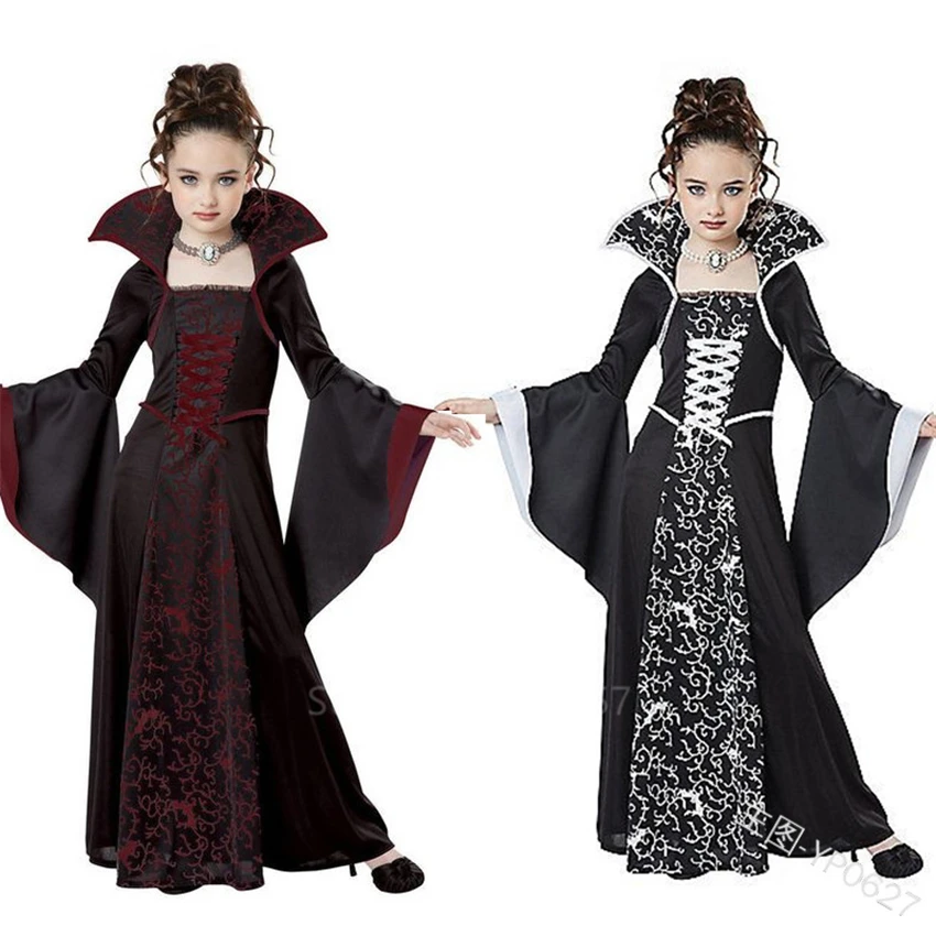 Billige Halloween Kostüme für Kinder Mädchen Medieval Cosplay Vintage Gericht Prinzessin Hexe Mittelalter Karneval Partei Langarm Kleid