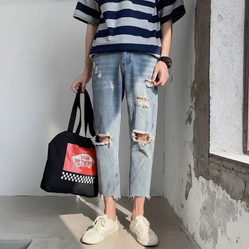 

Erkek Jean Pantolon Men's Holes Distressed Denim Ripped Jeans Plus Size Light Blue Slim Straight Pants Vaqueros Hombre Skinny
