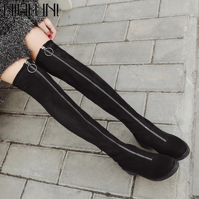 

NIUFUNI Winter Boots Women Flock/PU Leather Over The Knee Boots Round Toe Front Zipper Woman Shoes Ladies Thigh High Boots