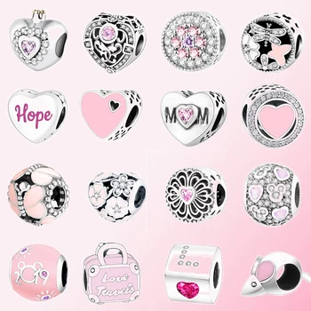 

2019 100% 925 Sterling Silver Classic Pink Heart-shaped Charm Beaded Bracelet DIY Accessories Beaded Free Shipping Wholesale