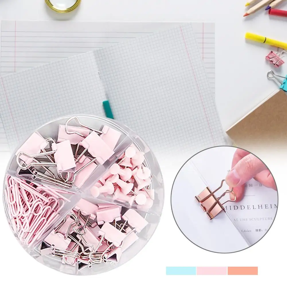72Pcs Documents Clips Paper Clips Push Pins Sets With For Acrylic Box Light Pink/light Blue/rose Gold Clips For Office School