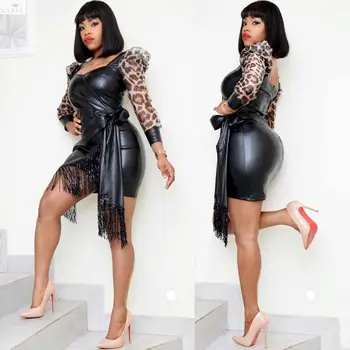 

Korean Style Spring Leopard Dress Print Pu Leather Tassel Sexy Dress Long Sleeve Night Party Bandage Dresses New Bodycon Dress