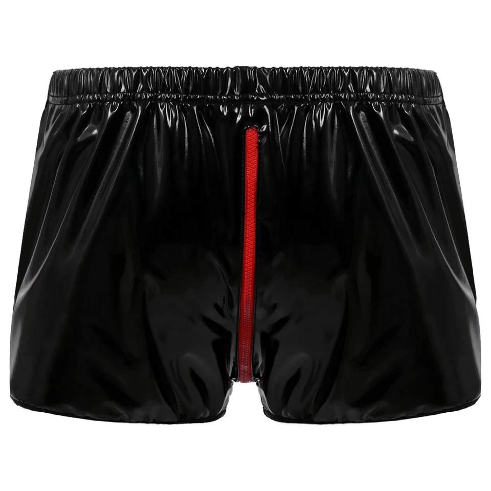 Mens Open Crotch Leather Short Pants Zipper Crotchless Patent Leather Boxer men underwear