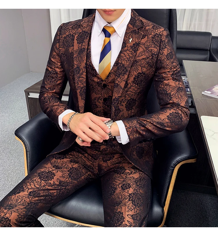 Цветочный жаккардовый костюм для мужчин Slim Fit коричневый бордовый темно-синий костюм для жениха из трех частей DJ партии выпускного вечера сценический костюм Q882
