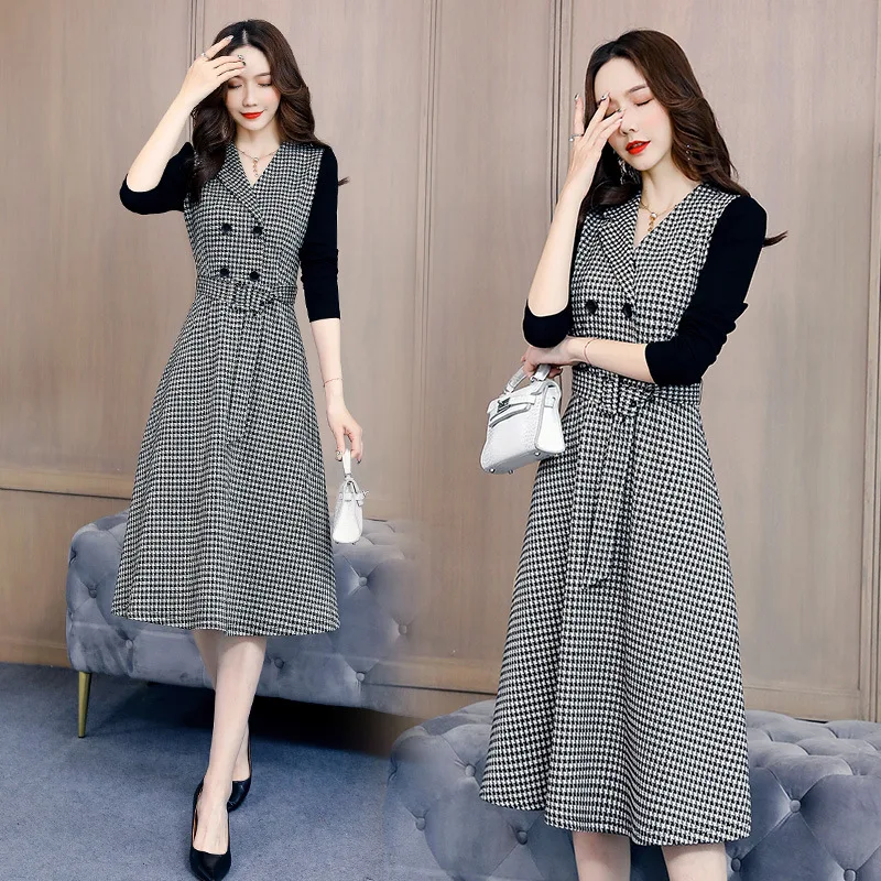 

Autumn Thousands of Birds Sub-Long Sleeve Splicing Dress 2019 New Style WOMEN'S Dress Elegant Popular Mature New Style Skirt