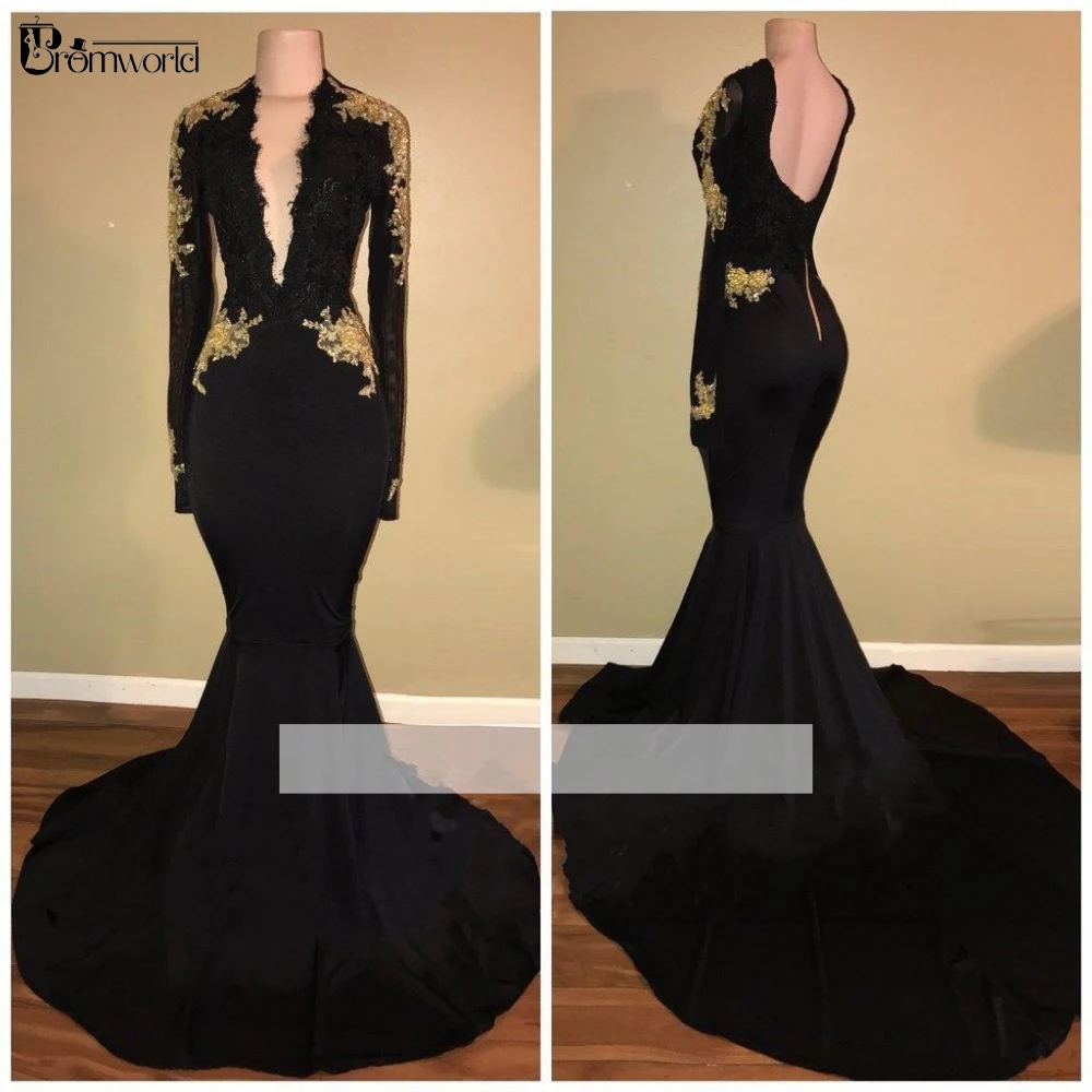 Black Muslim Evening Dresses Mermaid V-neck Long Sleeves Appliques slamic Dubai Saudi Arabic Long Formal Dress Evening Gown