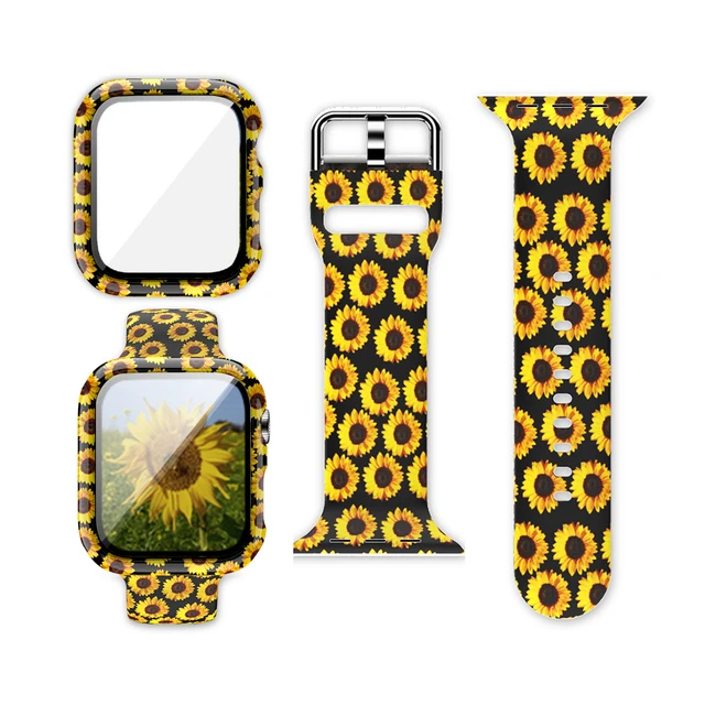 Case+Bands for Apple Watch Band 44 40 42 38mm with Screen Protector Cover, Glass+Silicon Wristband Strap for iWatch SE 654321 Sun Flower