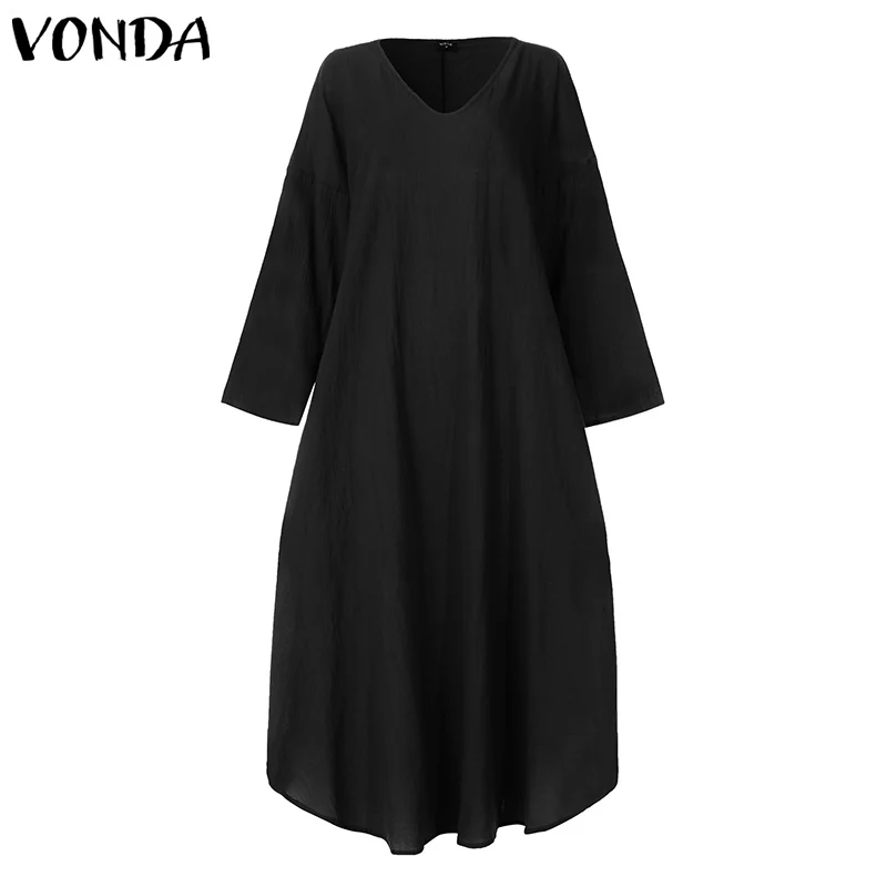 Летнее платье макси с рукавом до локтя, размер d VONDA, Женские однотонные платья размера плюс для вечеринок, винтажное пляжное платье, 5XL, богемное платье