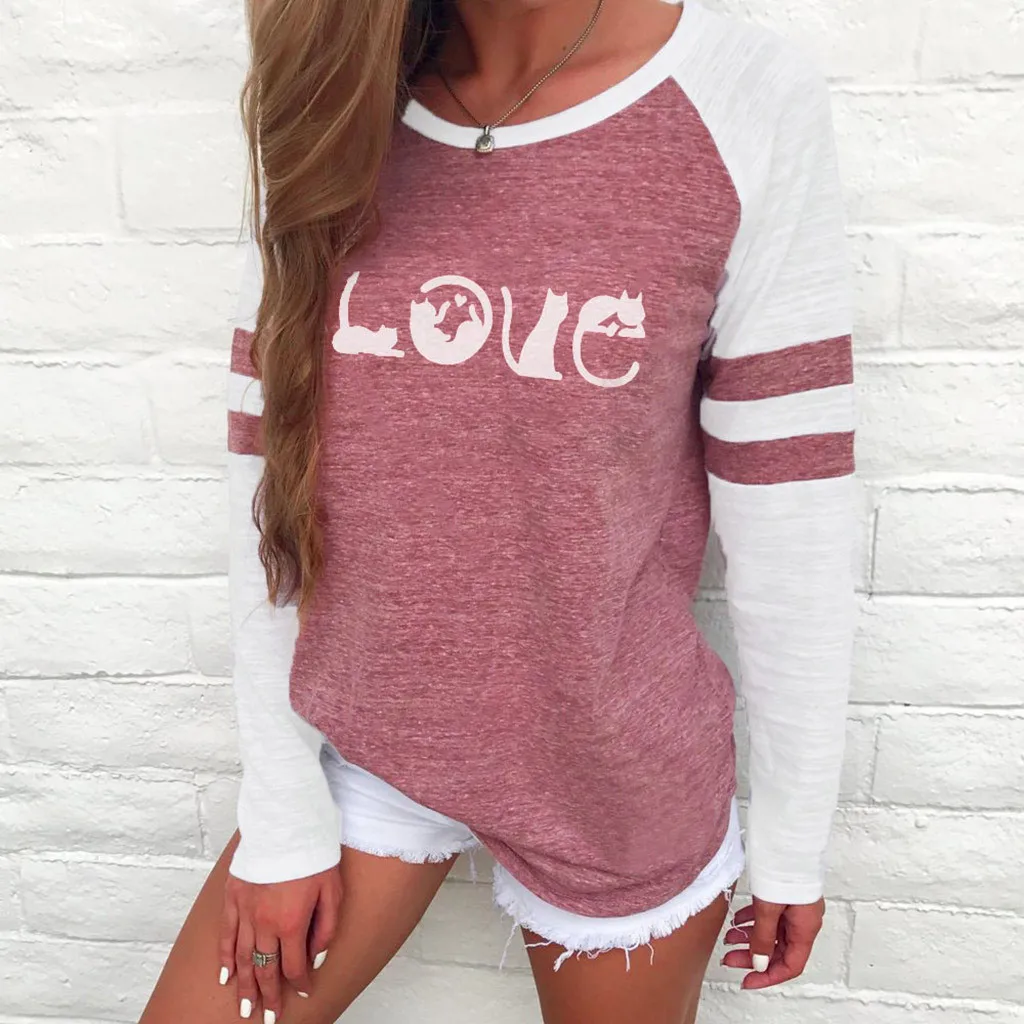 

Autumn Fashion Love Print Patchwork Blouse Casual Loose Daily O-Neck Tops Tee Top Female Women Long Sleeve Shirt Blusa Pullover