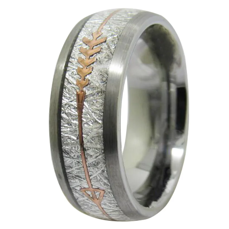 

New Silver Tones 6mm/8mm Width Tungsten Finger Ring Dome Band Inlay Meteorite and Rose Gold Arrow For Man's Hunting Band 6-13