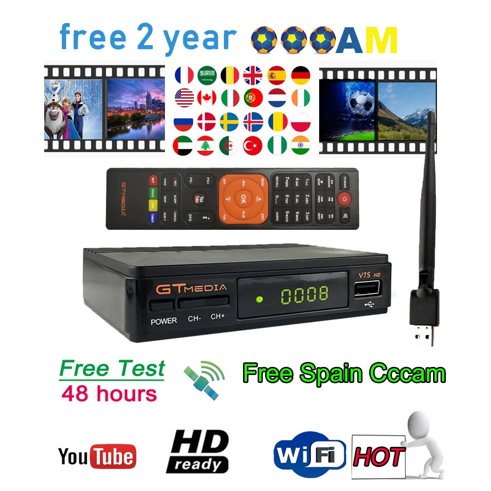 

Freesat v7 hd Satellite Receiver gtmedia v7s Decoder gtmedia v7hd Europe Cline for 1 Year 1080P USB Wifi Spain Portugal Channels