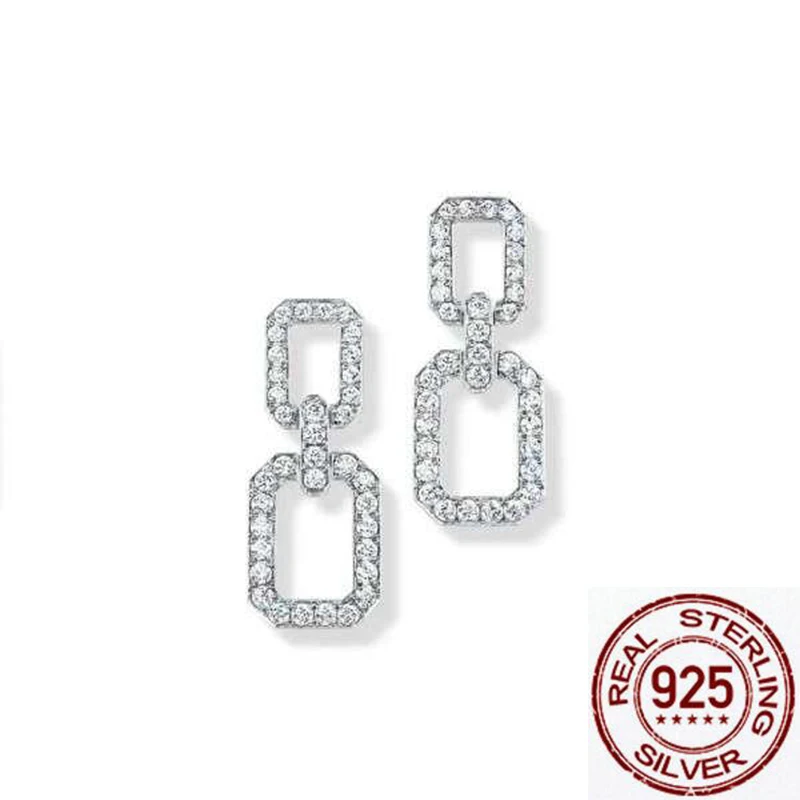 

925 sterling silver square geometry zircon statement earrings for women rhinestone chain women earrings fashion 2019