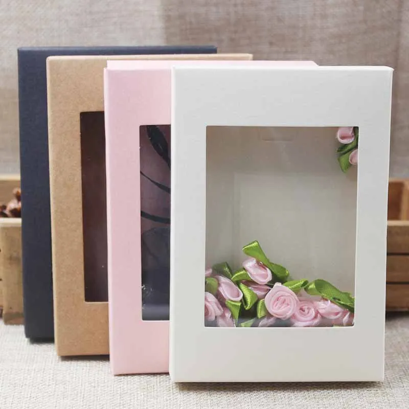 

10pcs 2018 Deluxe multi color paper gift package& display box with clear pvc window candy favors arts&krafts display package box