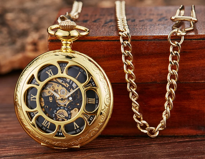 Reloj de bolsillo mecánico dorado para hombre, cronógrafo con esfera de números romanos azules, con tapa mecánica, cadena Fob, caja de regalo