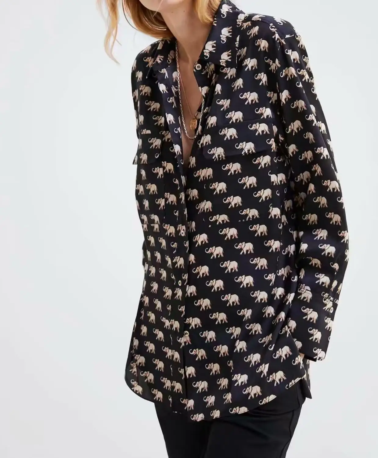 

Blouse Women Elephant Print Long Sleeve Casual Loose Suit Collar Autumn Winter New Arrival for lady Blouses