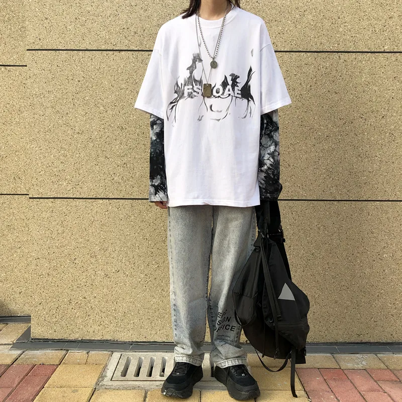 Ulzzang, корейская мода, Харадзюку, уличная одежда, хип-хоп, с буквенным принтом, tie-dye, осенняя, BF, свободная, имитация двух, с длинным рукавом, Повседневная Женская толстовка