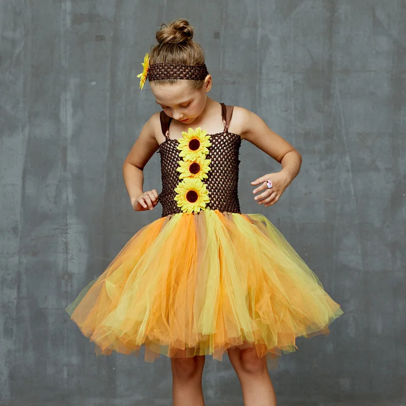 Fairy Sunflower Tutu Dress with Crochet Headband Flower Girl Birthday Party Pageant Costume Kids Autumn Princess Dresses (5)