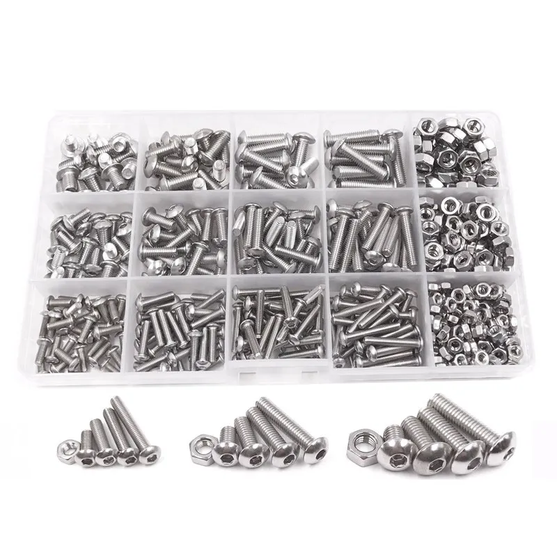 

Fashion-500pcs M3 M4 M5 A2 Stainless Steel ISO7380 Button Head Hex Bolts Hexagon Socket Screws With Nuts Assortment Kit