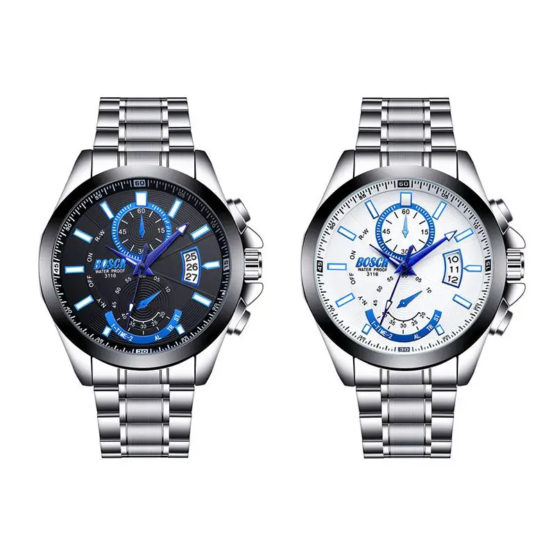

Alloy Steel Belt Calendar Surface Watch Men Business Watch Calendar Sports Waterproof Large Dial Luminous Imitation Hour Hand