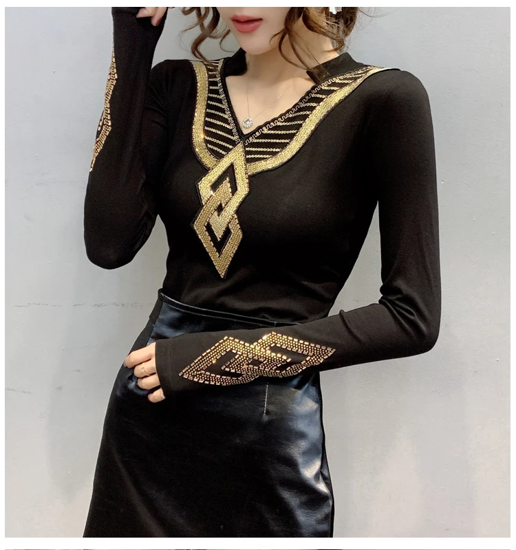 Poleras mujer de moda зимняя модная футболка размера плюс, плотная рубашка с длинным рукавом и v-образным вырезом, футболка со стразами, camiseta mujer