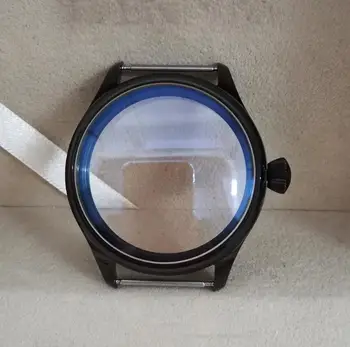 

High quality PVD black Pilot 44mm Watch case 316L Stainless steel Diamond shape crown Blue coating Mineral glass G010