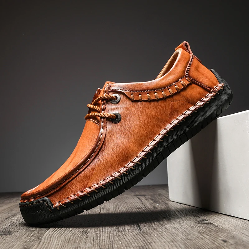 38-48 High Quality Genuine Leather Casual Shoes Brown Handmade Men Loafers Classic Comfortable Boat Male | Обувь