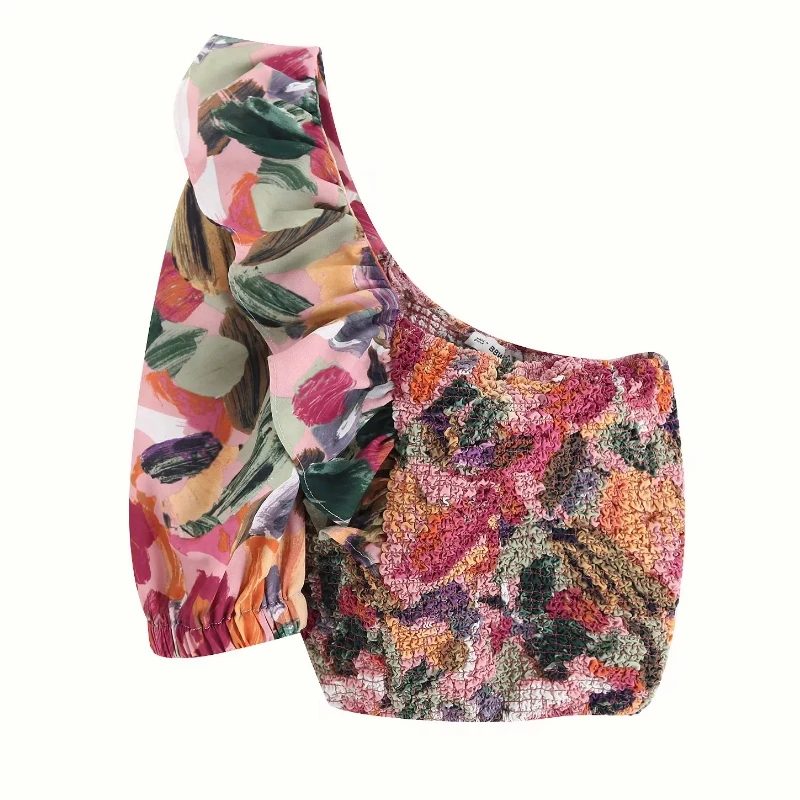 Goedkoop Nieuwe vrouwen een schouder elastische geplooide korte Shirt print blouses vrouwen lanminated ruches roupas femininas chemise shirts LS4068