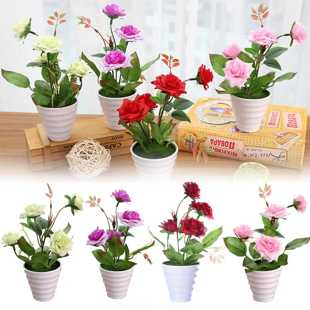 

Artificial Potted Simulation Rose Bonsai Plant Potted Fake Floral Table Ornaments DIY Table Decoration for Office Dining Room