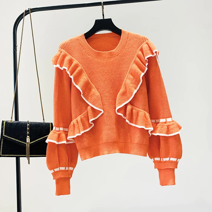 

Fall/winter Sweater Women New Korean Fashion Stitching Lotus Sweater Loose Joker Lantern Sleeve Short Sweater Girls Ladies Pull