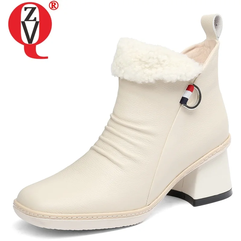 

ZVQ women shoes 2019 winter warm new concise genuine leather square toe ankle boots outside mid heels zip shoes drop shipping