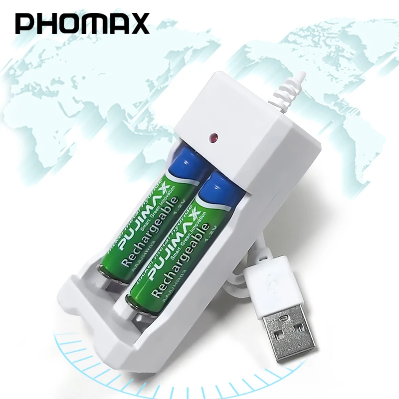 

PHOMAX USB 2 Slots 1.2V Portable Fast With line rechargeable aa aaa battery charger 2pc Ni-MH/Ni-Cd battery deft LED charger