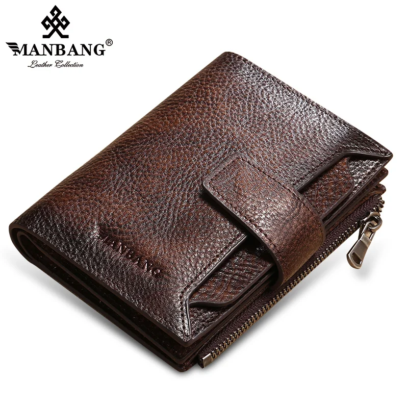 

ManBang 2022 New 100% Genuine Leather Men Wallet Coin Purse Small Card Holder Male Wallet Pocket Short Wallet