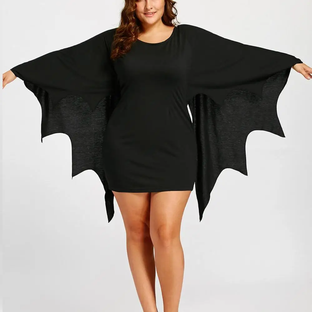 

Halloween Womens Dresses Plus Size Round Neck Long Sleeve Halloween Bat Sleeve Solid Mini Dress fashion ladies festival 2019
