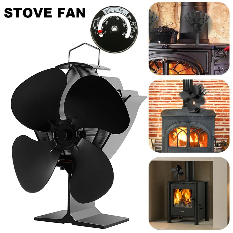 

4Blade Wood Heater Fan Fireplace Fire Heat Powered Fuel Saving Quiet+Thermometer for wood, gas or pellet fuel stoves