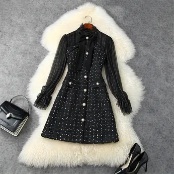 

Runway Designer Autumn Winter Dress Women Fashion 2020 New Long Sleeve Bow Collar Lace Patchwork Sexy Tweed Woolen Dress Black