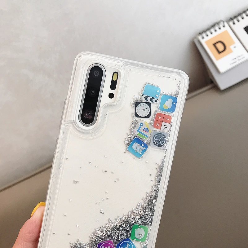 Для huawei P20 lite Nova 3E P30 pro Чехол зыбучие пески мобильные приложения значок шаблон для huawei Nova 5 5i 4 3i динамические чехлы с жидкостью крышка