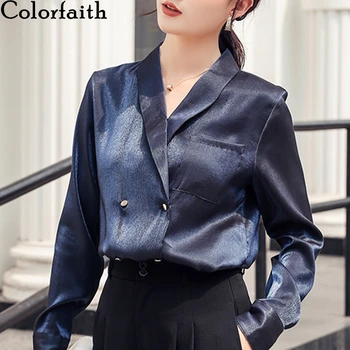 

Colorfaith New 2020 Women Spring Summer Satin Blouse Shirts Double Breasted Pockets Casual Loose Notched Office Lady Tops BL9155