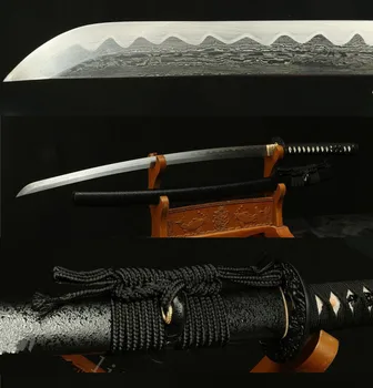 

DAMASCUS FOLDED STEEL JAPANESE SAMURAI SWORD KATANA IRON TSUBA BLACK SAYA