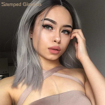 

Stamped Glorious Ombre Sliver Grey Wigs Straight Short Length Cosplay Costume Wigs for Women Middle Part Wigs Dark Roots Heat Re