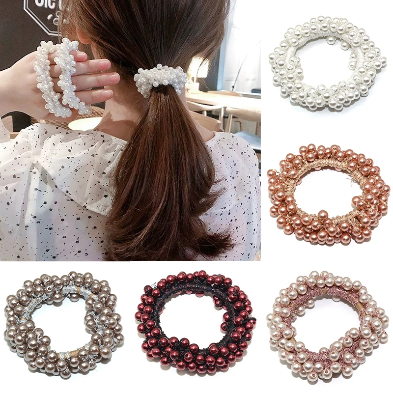 

Fashion Rope Scrunchie Ponytail Holder White Black Champange Faux Pearl Beads Elastic Hair Bands Hair Accessories for Women