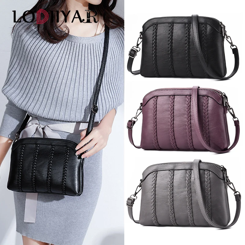 

Women Shoulder Bag Cell Phone Crossbody Bags Soft PU Leather Ladies Handbag Shell Handbags Weave Pattern Messenger Bag Black