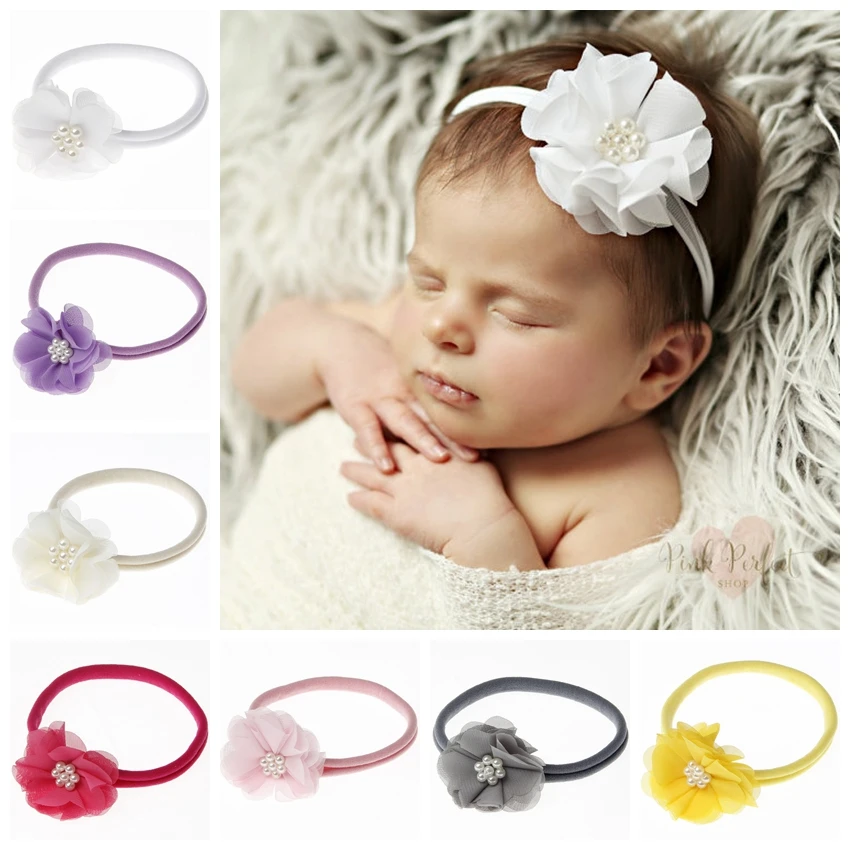 

10pcs/lot Chiffon Flower with Pearl Baby Elastic Headband Nylon Newborn Toddler Hair Bands Photography Props Hair Accessories