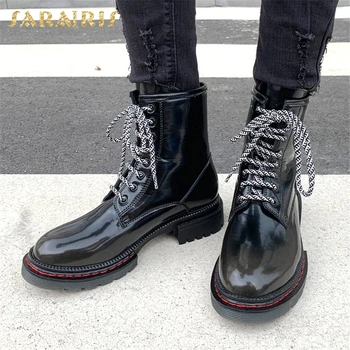 

Sarairis 2020 Fashion New Patent Leather Street Dance Boots Cross Strap Non-Slip Simple Thick Heels Motorcycle Boots Woman Shoes